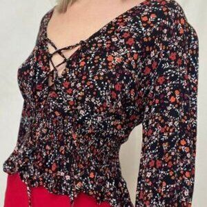 City Chic black floral long sleeve sexy tie neck xxs/12